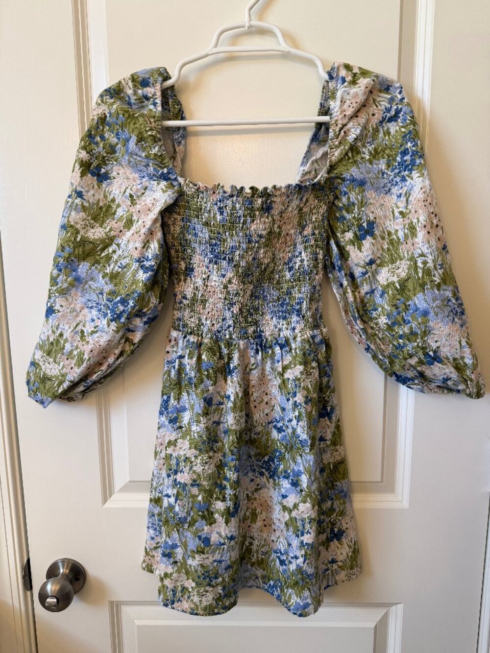 Reformation Blue Green Floral Smocked Mini Dress Puff Sleeve Size 8